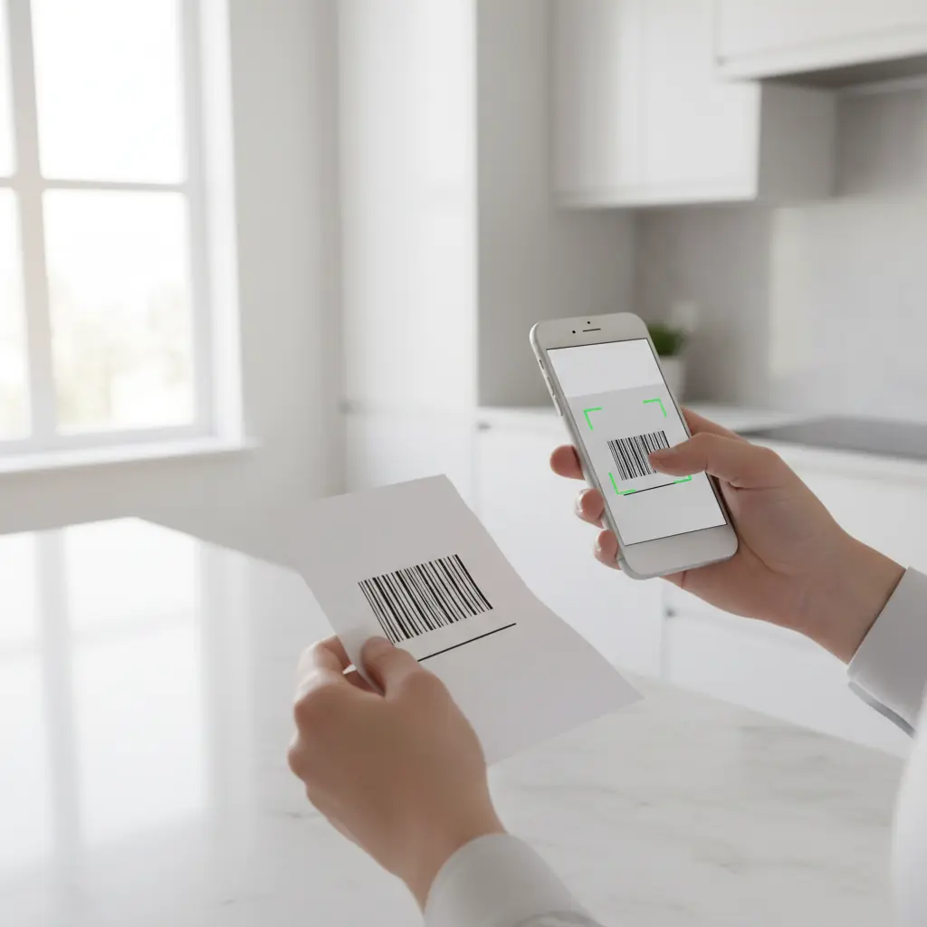 Человек сканирует QR-код чека смартфоном